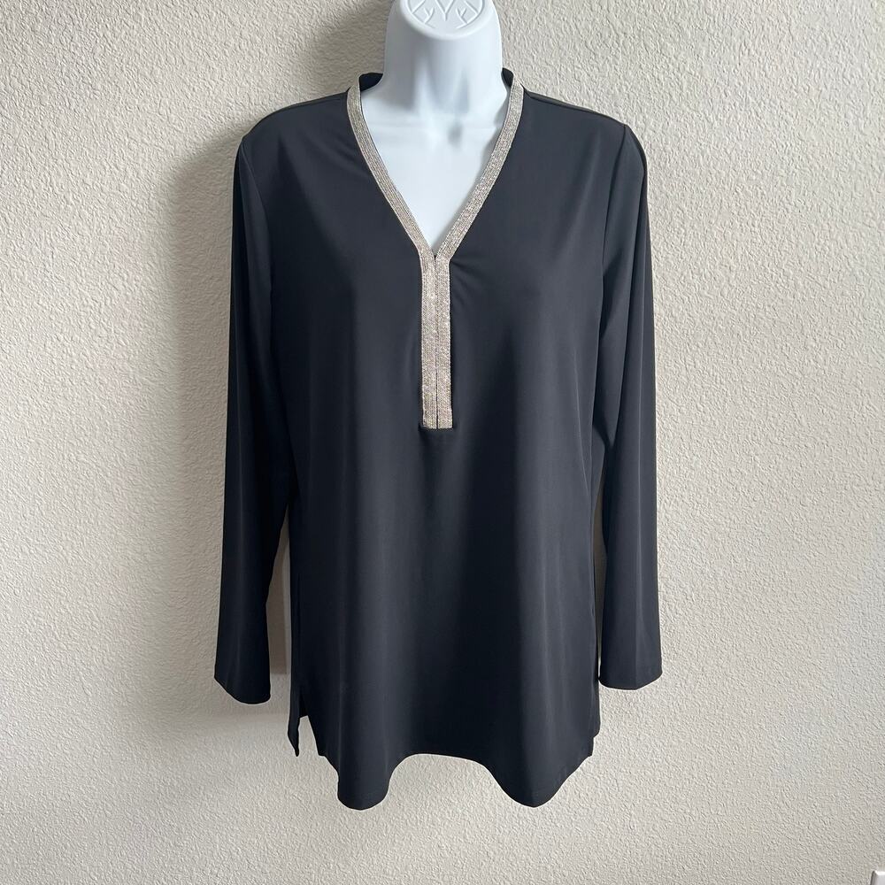 Drapers & Damons Black Stretchy Chain Detail Blouse Women's S Long Sleeve Modest